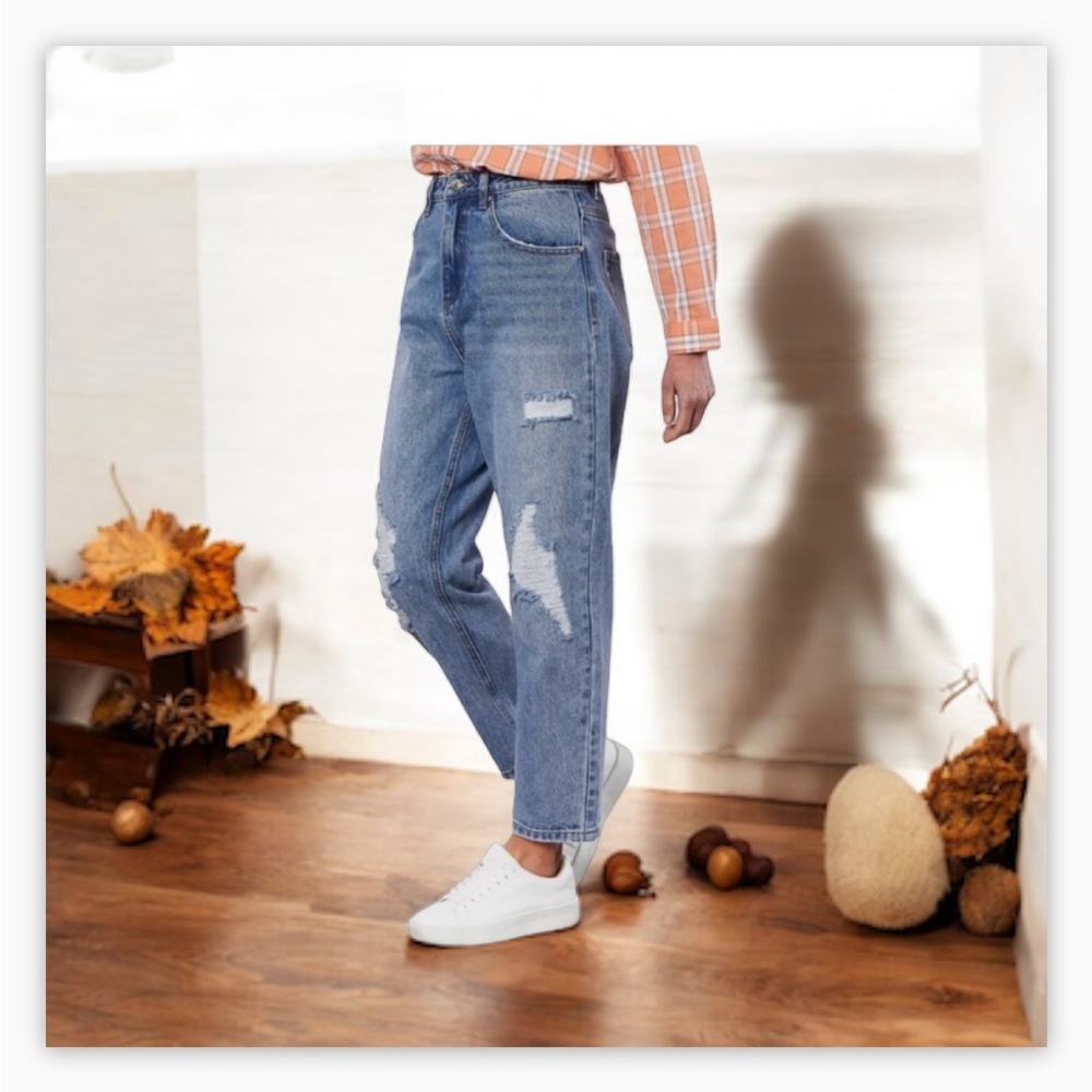 That's It! Distressed High Waist Mom Jeans Blue Tapered Ankle Denim 7 28